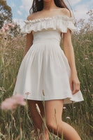 Load image into Gallery viewer, White Flowy Off The Shoulder A Line Short Graduation Dress