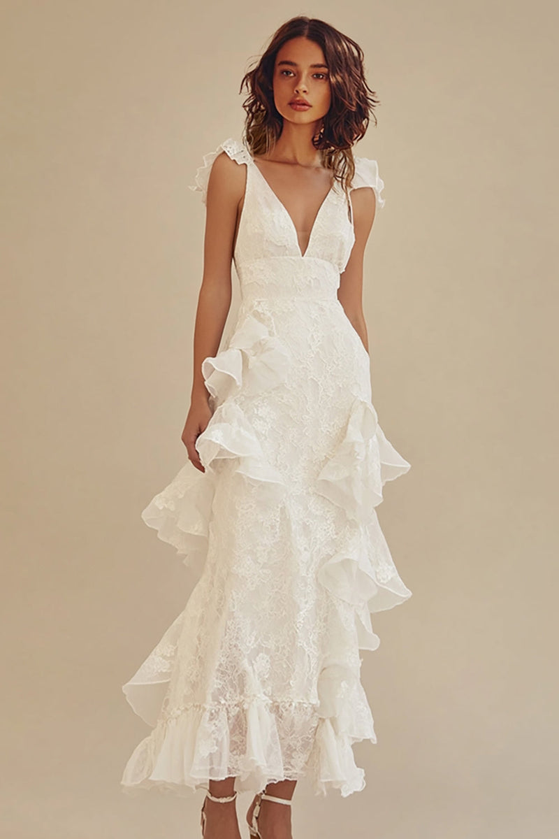 ankle length graduation dress Queendancer Women White Lace Deep V-Neck with Ruffles Sheath Chiffon Little White Dress – queendancer Size:2 For work Discount 50+ Elegant A-Line Midi Dress