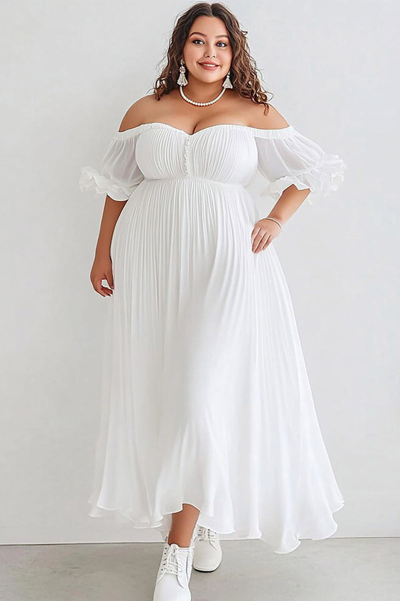 Load image into Gallery viewer, Plus Size White Tea Length Off the Shoulder Graduation Dress with Puff Sleeves