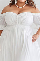 Load image into Gallery viewer, Plus Size White Tea Length Off the Shoulder Graduation Dress with Puff Sleeves