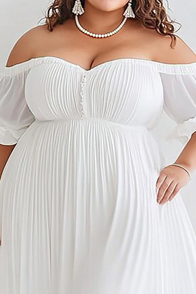 Load image into Gallery viewer, Plus Size White Tea Length Off the Shoulder Graduation Dress with Puff Sleeves