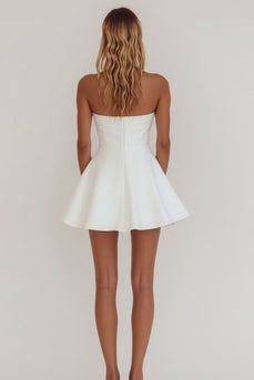 Simple White A Line Satin Strapless Mini Graduation Dress