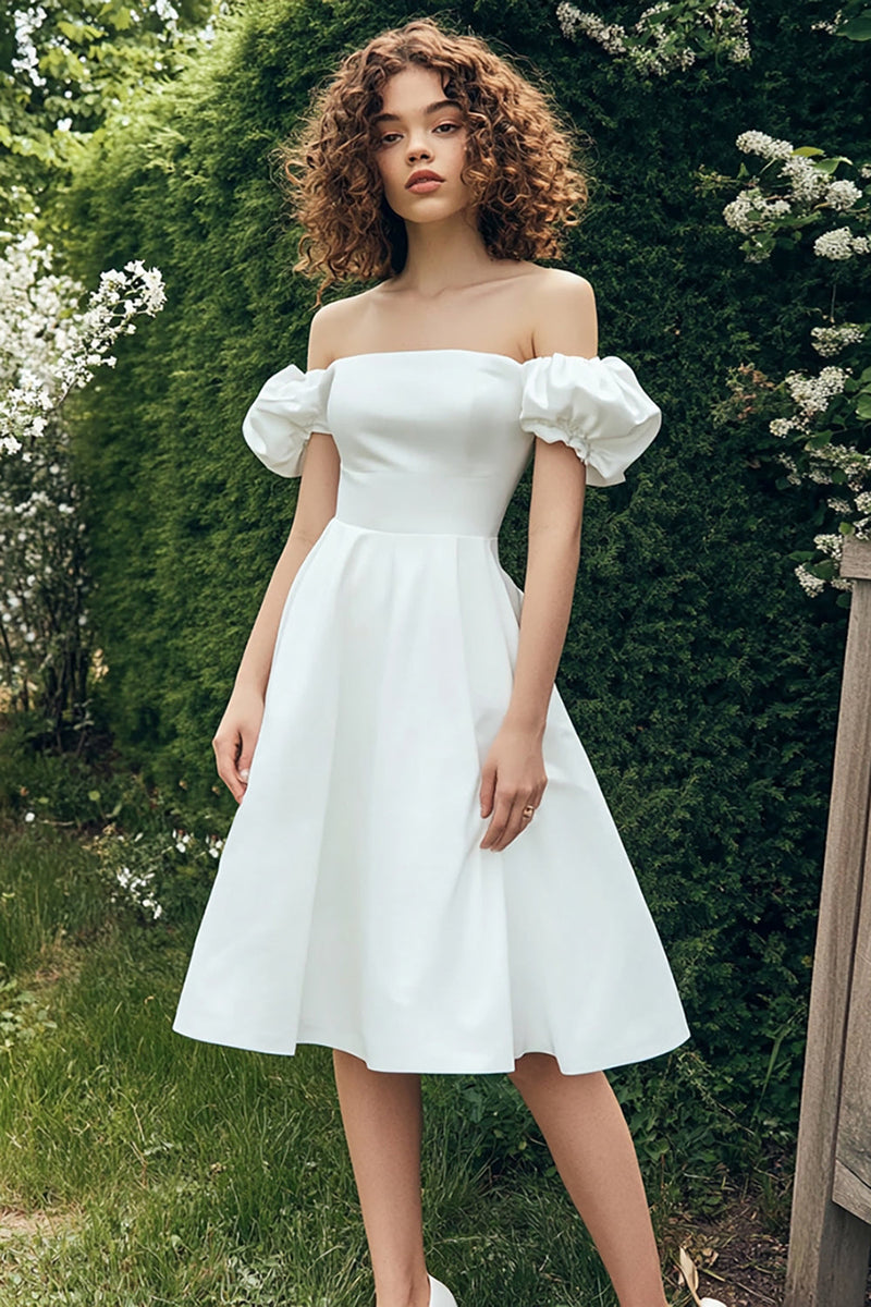 Load image into Gallery viewer, Satin White Off The Shoulder Knee Length Graduation Dress