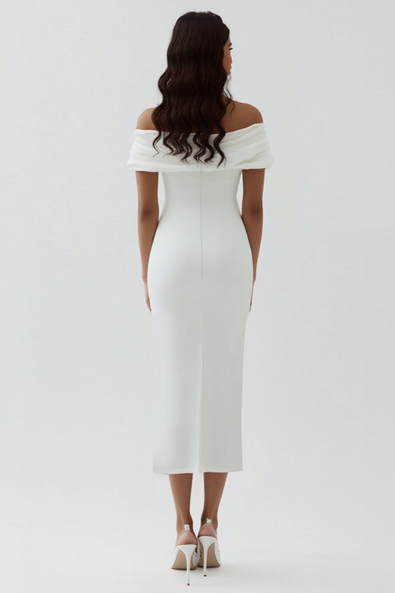 Load image into Gallery viewer, White Sheath Tea Length Off The Shoulder Graduation Dress
