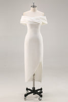 Load image into Gallery viewer, White Sheath Tea Length Off The Shoulder Graduation Dress