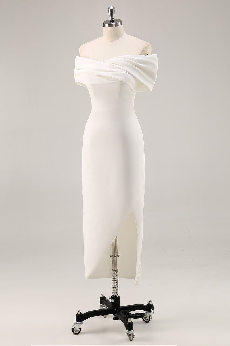 Load image into Gallery viewer, White Sheath Tea Length Off The Shoulder Graduation Dress