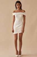Load image into Gallery viewer, White Sheath Petite Length Off The Shoulder Graduation Dress