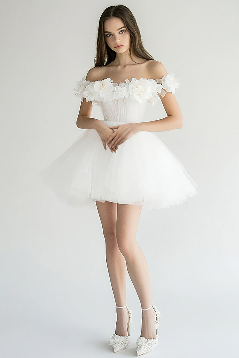 Load image into Gallery viewer, White Off The Shoulder A Line Tulle Short Graduation Dress with 3D Flowers