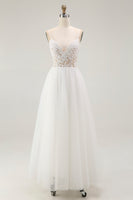 Load image into Gallery viewer, White A Line Tulle Graduation Dress with Embroidery