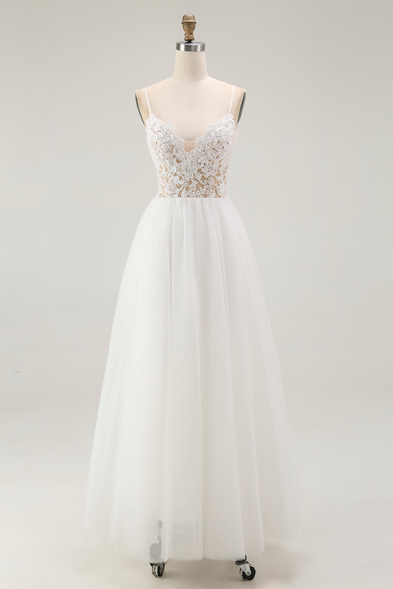 Load image into Gallery viewer, White A Line Tulle Long Rehearsal Dinner Dress with Embroidery