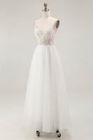 Load image into Gallery viewer, White A Line Tulle Long Rehearsal Dinner Dress with Embroidery