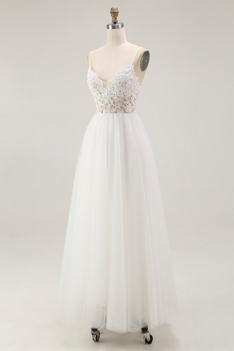 Load image into Gallery viewer, White A Line Tulle Long Rehearsal Dinner Dress with Embroidery