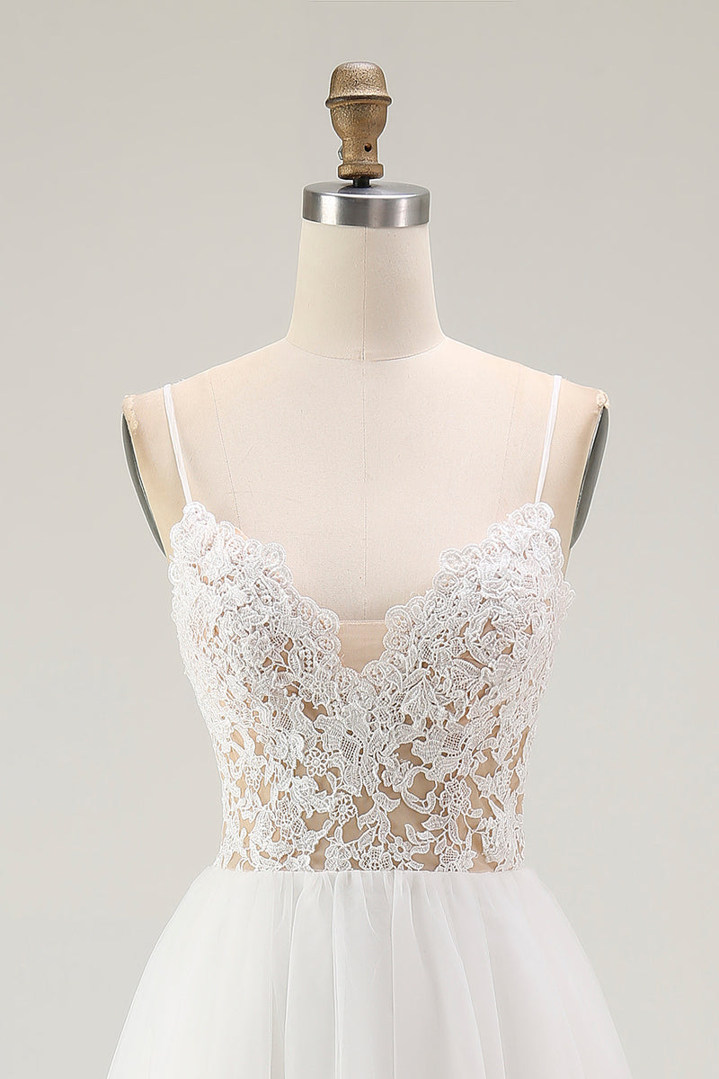 Load image into Gallery viewer, White A Line Tulle Long Rehearsal Dinner Dress with Embroidery