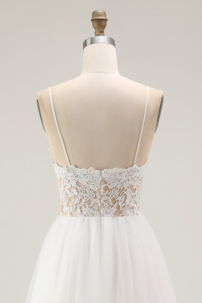 Load image into Gallery viewer, White A Line Tulle Long Rehearsal Dinner Dress with Embroidery