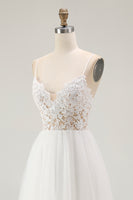 Load image into Gallery viewer, White A Line Tulle Long Rehearsal Dinner Dress with Embroidery