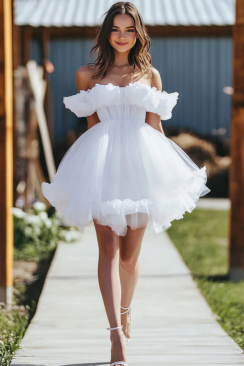 Load image into Gallery viewer, White Tulle Off the Shoulder A Line Mini Graduation Dress with Ruffles