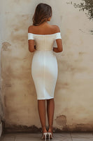 Load image into Gallery viewer, White Sheath Off the Shoulder Satin Graduation Dress