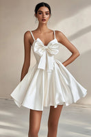 Load image into Gallery viewer, A Line White Satin Spaghetti Straps Short Graduation Dress with Bowknot