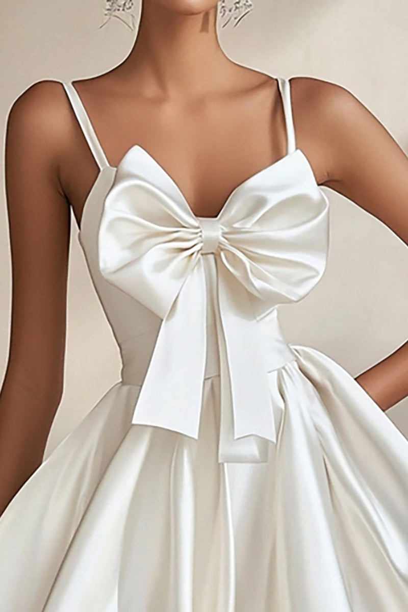 Load image into Gallery viewer, A Line White Satin Spaghetti Straps Short Graduation Dress with Bowknot