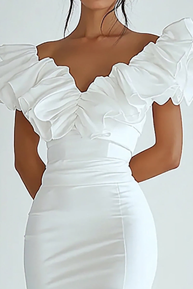 Load image into Gallery viewer, Bodycon White V Neck Satin Short Graduation Dress with Ruffles