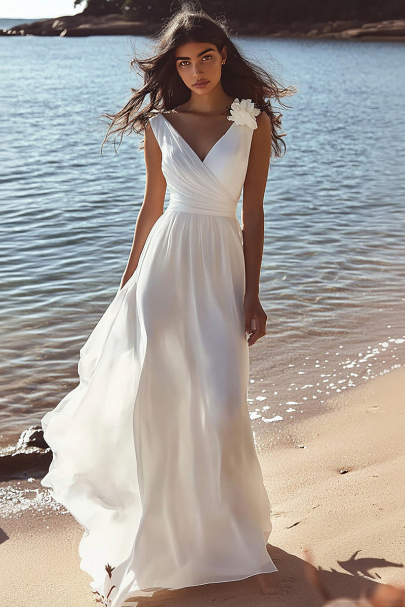 Load image into Gallery viewer, White Chiffon A Line V-Neck Long Graduation Dress