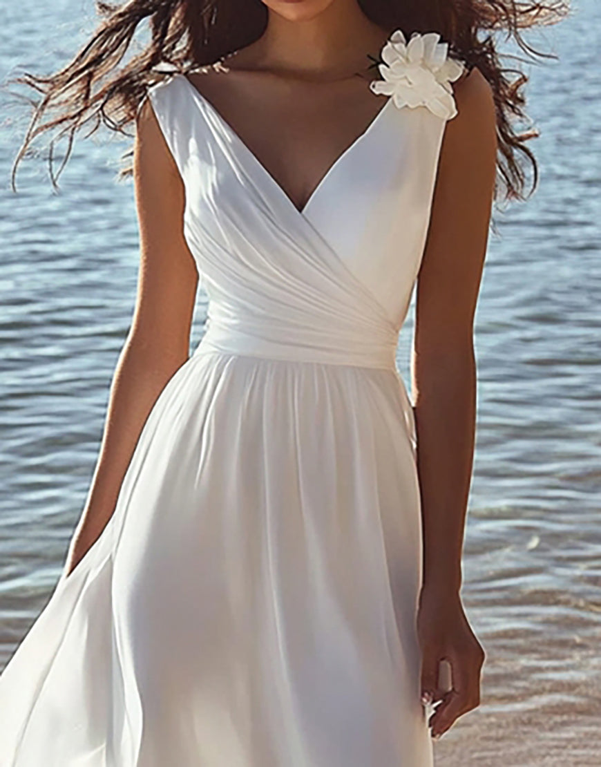 Load image into Gallery viewer, White Chiffon A Line V-Neck Long Graduation Dress