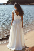 Load image into Gallery viewer, White Chiffon A Line V-Neck Long Graduation Dress