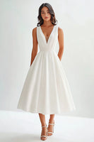 Load image into Gallery viewer, Queendancer Women Elegant White Satin Tea Length Graduation Dress with Beading V-Neck