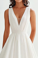 Load image into Gallery viewer, Elegant White A Line Satin V-Neck Long Rehearsal Dinner Dress with Beading