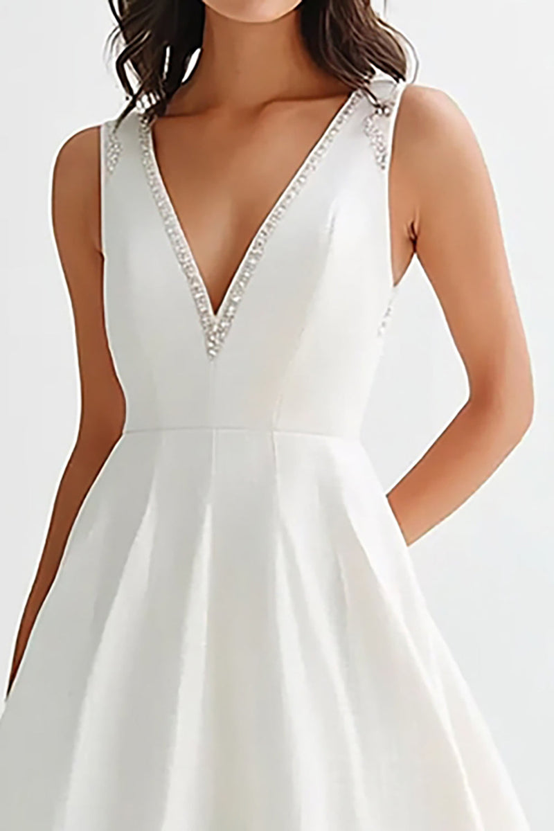 Queendancer Women White A Line V-Neck Graduation Dress with Beading