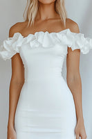 Load image into Gallery viewer, Off the Shoulder White Bodycon Graduation Dress with Ruffles