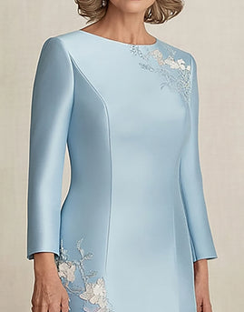 Floral Sky Blue Satin Long Sleeves Mother of the Bride Dress