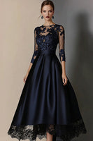 Load image into Gallery viewer, Queendancer Women Elegant Navy Satin Mother of the Bride Dress with Lace Appliques Plus Size A Line Scoop Neck 3/4 Sleeves Tea Length Prom Dress