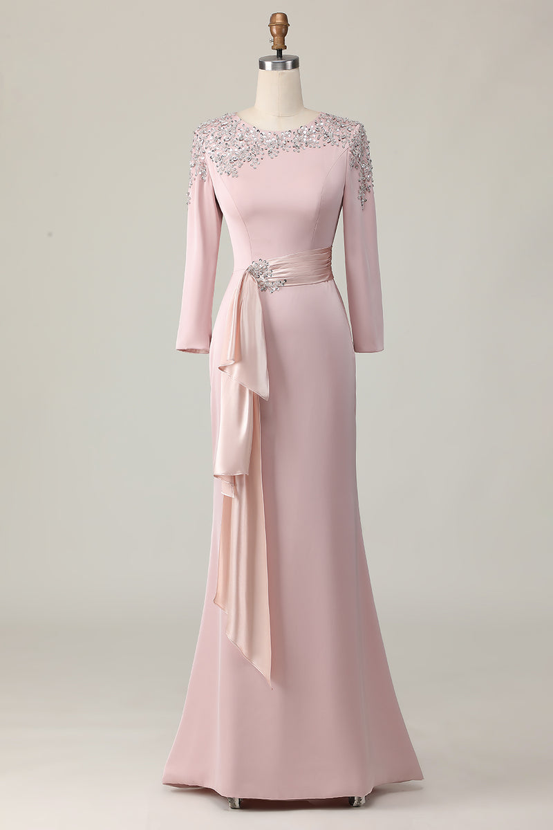 Load image into Gallery viewer, Elegant Blush Satin Sheath Mother of the Bride Dress with Long Sleeves