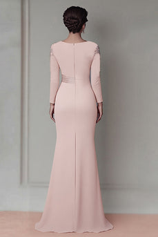 Elegant Blush Satin Sheath Mother of the Bride Dress with Long Sleeves