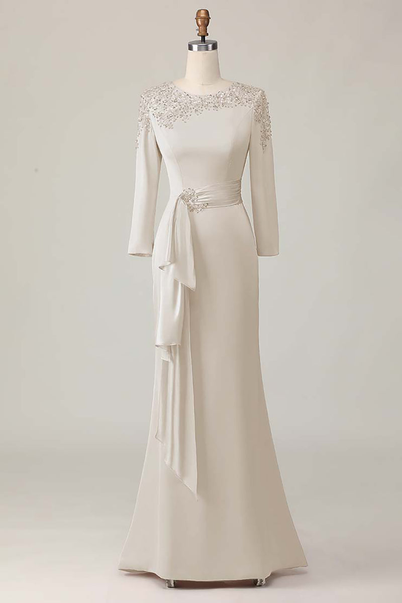 Load image into Gallery viewer, Taupe Satin Sheath Mother of the Bride Dress with Long Sleeves