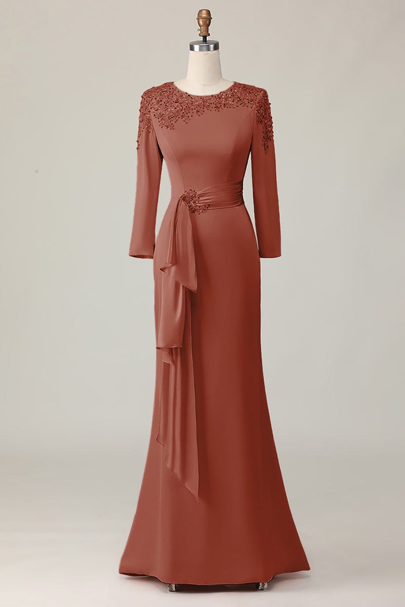 Load image into Gallery viewer, Taupe Satin Sheath Mother of the Bride Dress with Long Sleeves