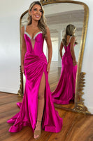 Load image into Gallery viewer, Fuchsia Corset Ruched Sparkly Long Prom Dress with Slit