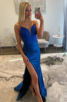 Load image into Gallery viewer, Sparkly Royal Blue Satin Beaded Long Prom Dress with Slit