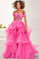 Load image into Gallery viewer, Floral Fuchsia Ball Gown Long Formal Dress with Ruffles