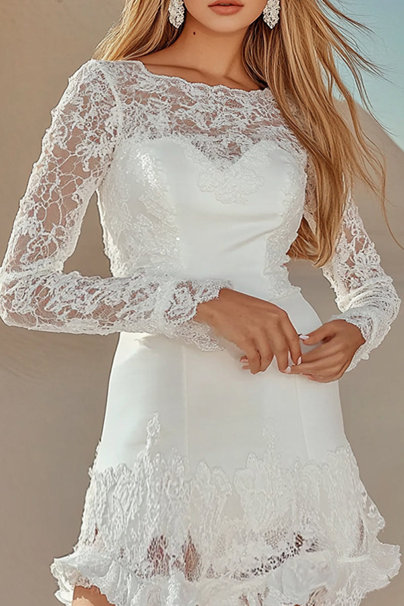 Load image into Gallery viewer, A Line White Lace Boat Neck Mini Graduation Dress