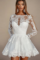 Load image into Gallery viewer, White  A Line Lace Embroidered Lone Sleeves Mini Graduation Dress