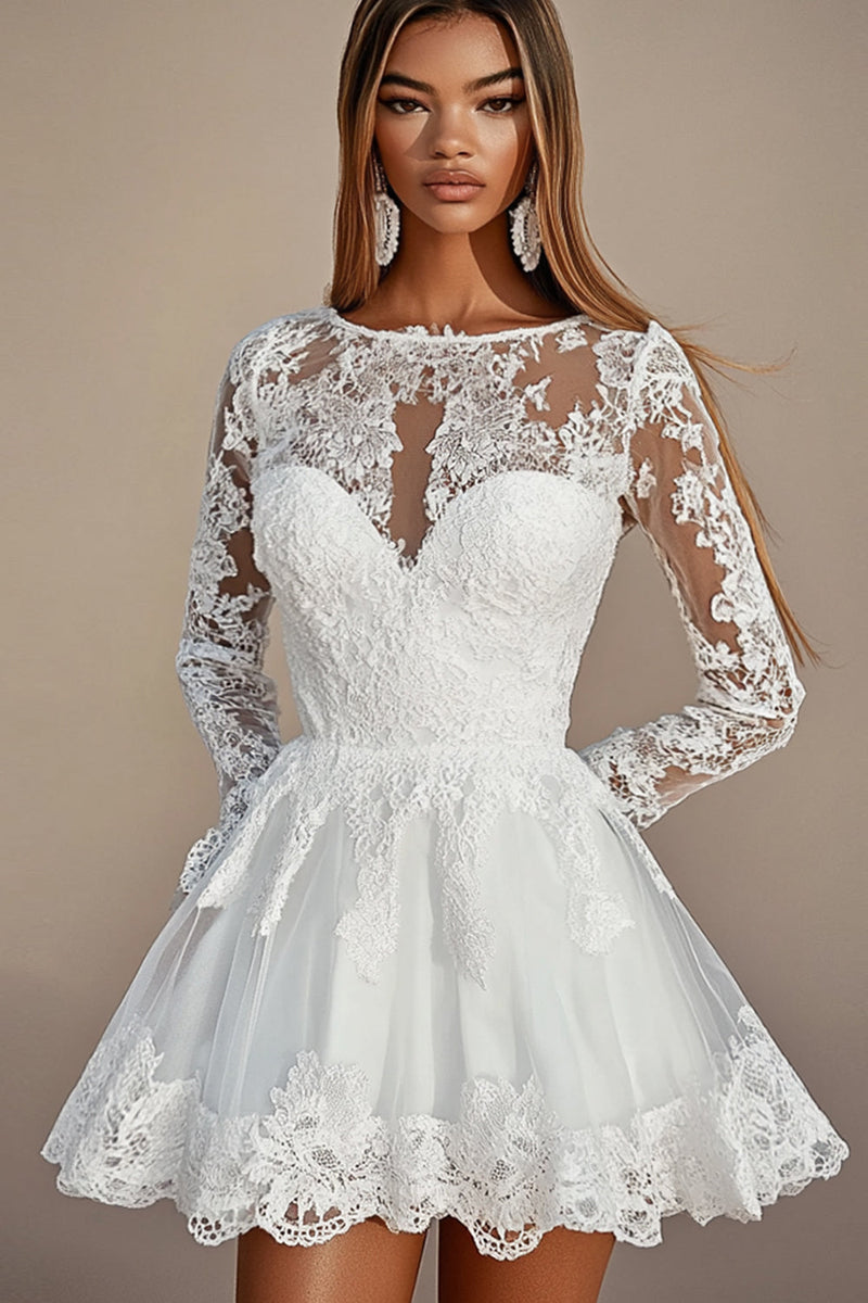 Load image into Gallery viewer, White  A Line Lace Embroidered Lone Sleeves Mini Graduation Dress