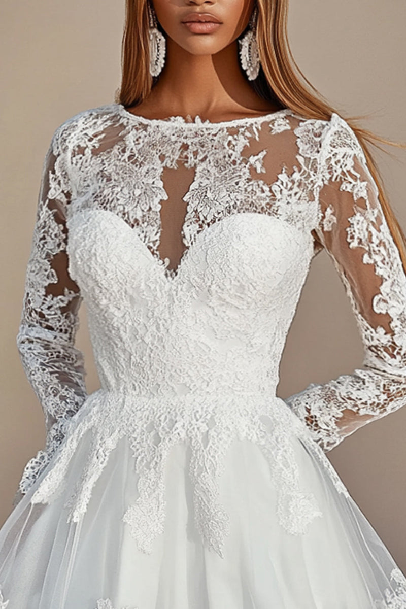 Load image into Gallery viewer, White  A Line Lace Embroidered Lone Sleeves Mini Graduation Dress