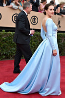 Load image into Gallery viewer, Floral Blue V-Neck A Line Gala Dress with Long Sleeves