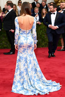 Load image into Gallery viewer, Blue Flower Sheath Printed Gala Dress with Long Sleeves