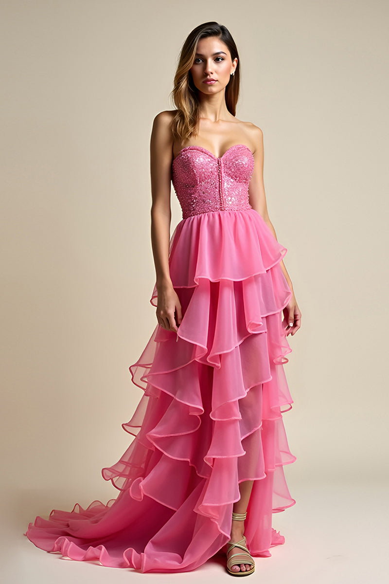 Load image into Gallery viewer, Ruffled Coral Tiered Sweetheart Long Prom Dress