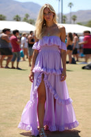 Load image into Gallery viewer, Lilac Ruffled Off the Shoulder Long Chiffon Formal Dress with slit