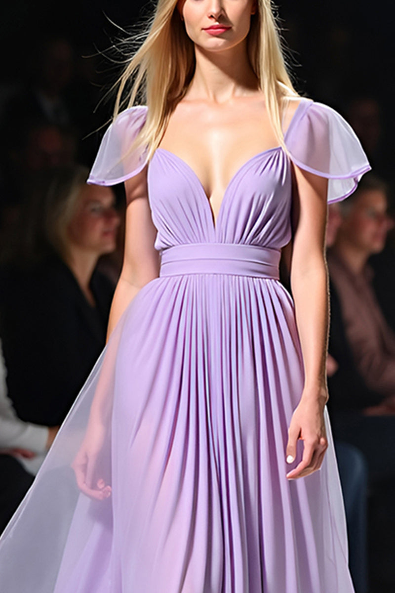 Elegant V-neck Velvet A-Line Floor-length Dress Lilac main image 1