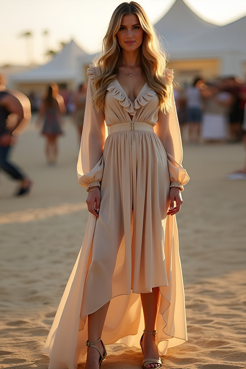 Queendancer Women Apricot Ruched Ruffles Formal Dress with Long Sleeves A  Line Deep V-Neck Backless High-Low Prom Dress – queendancer